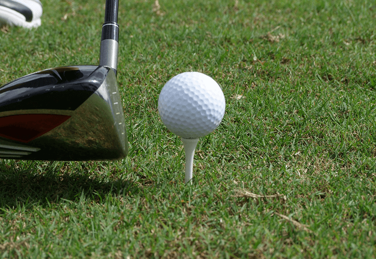 Golf ball and club on the green.